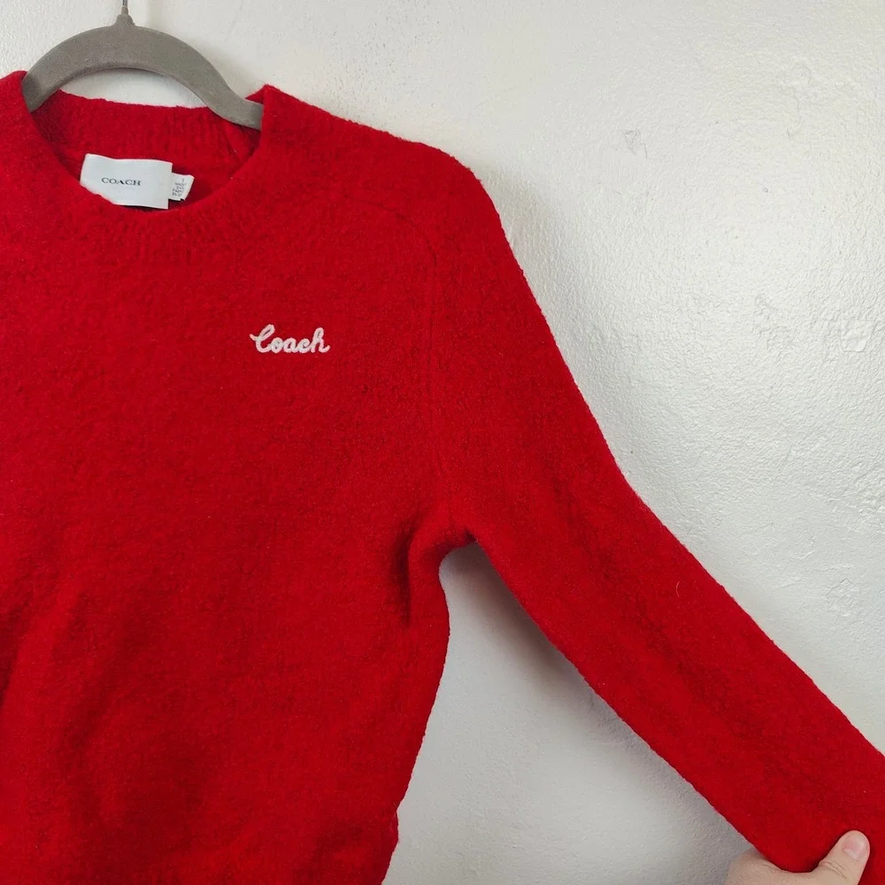Coach Womens Sweater Small Red Crew Neck Wool Blend Embroidered Logo Preppy